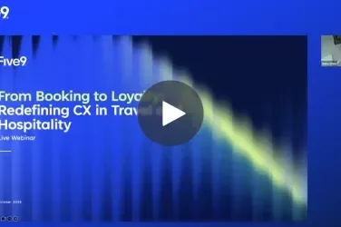 Title slide for a webinar with a blue background and play button graphic; presenter in the corner.