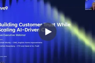 Webinar slide with title, "Building Customer Trust While Scaling AI-Driven Care" and video play button.