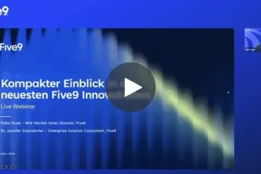 Webinar slide for Five9 showcasing a speaker and video play button on a blue background.