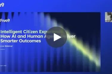 Title slide for Five9 presentation on AI and human collaboration for better outcomes, with a video play button.