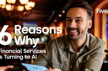 A man smiles while holding a phone in a warmly lit cafe, with text overlay about AI in finance.