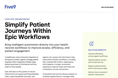 Marketing brochure titled "Simplify Patient Journeys Within Epic Workflows" with text and logo.