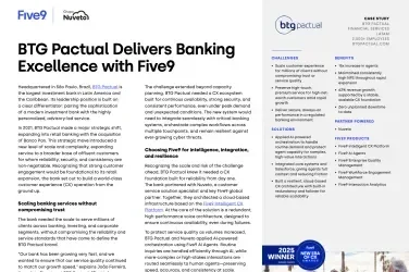 BTG Pactual brochure discussing banking solutions with Five9, featuring text and logo.