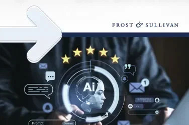 Graphic featuring AI-related icons and a person interacting with technology.