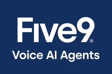Five9 logo with "Voice AI Agents" text on a dark blue background.