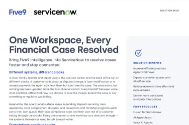 Text document promoting a financial resolution workspace by Five9 and ServiceNow.