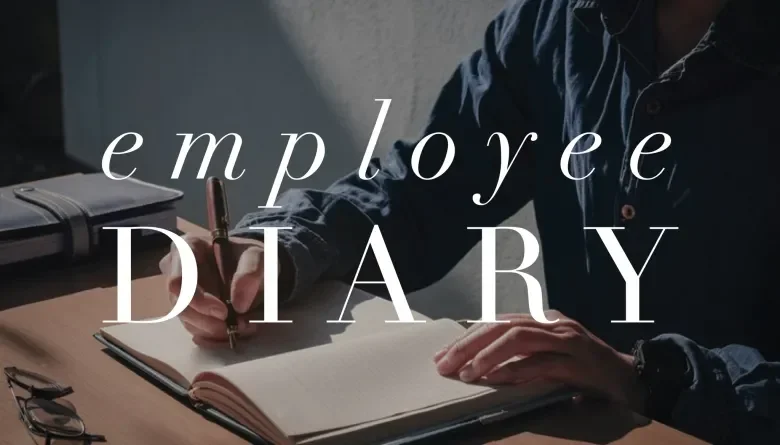 A person can be seen writing in a notebook. A white text overlayed says "Employee Diary"