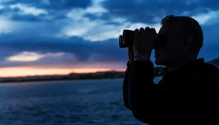 Person looking through binoculars at a sunset