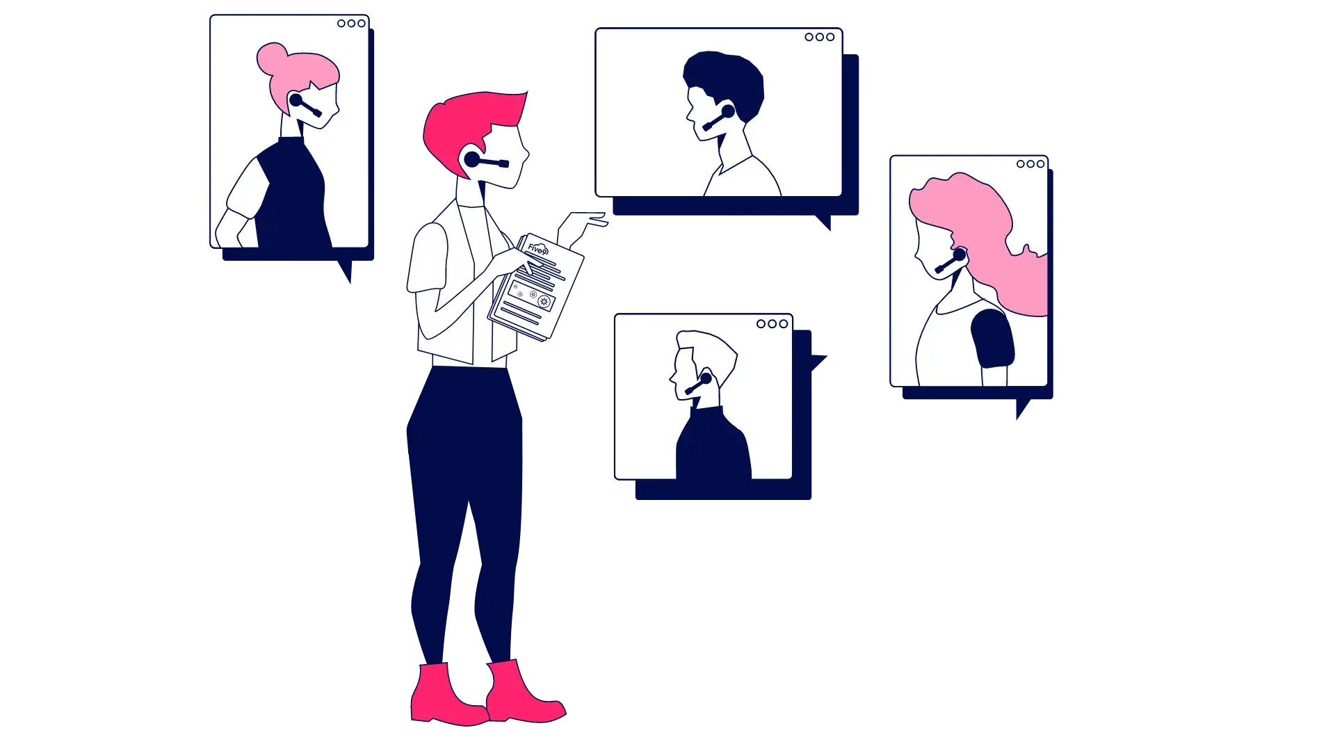Colorful graphic of a woman voice chatting with four people on video