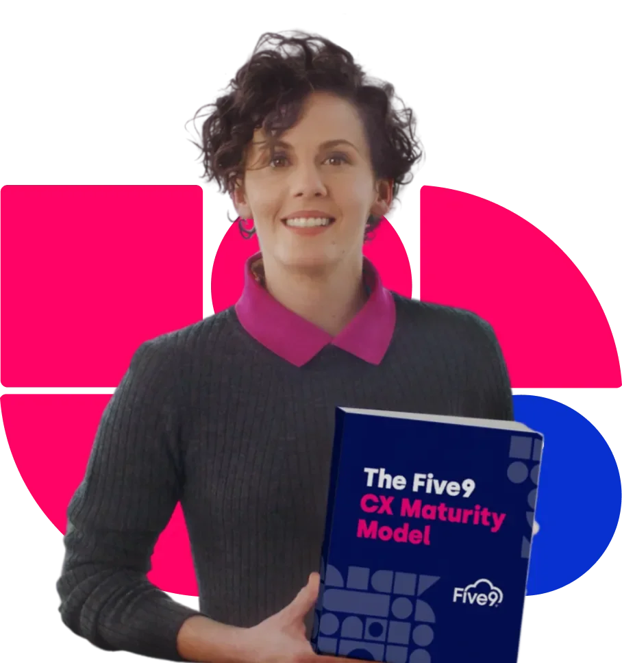Woman with short curly brown hair holding a book titled: The Five9 CX Maturity Model