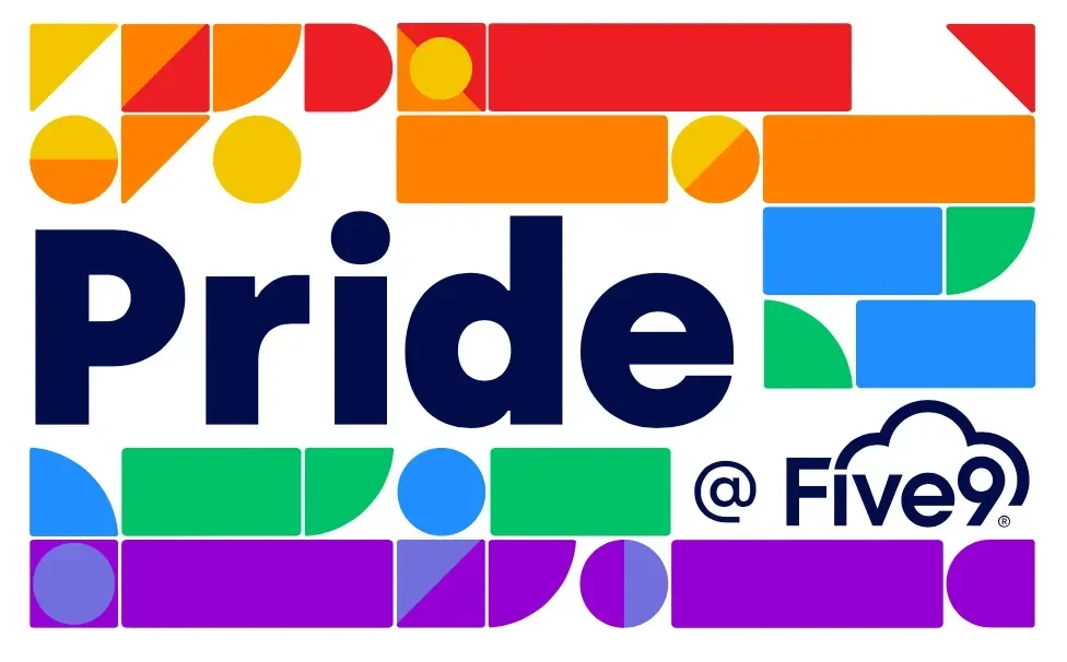 A rainbow colored background, the word "Pride" and the Five9 Logo