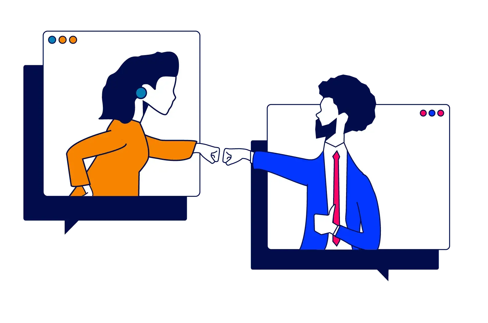 A colorful graphic of a woman in orange fist bumping a man in a suit