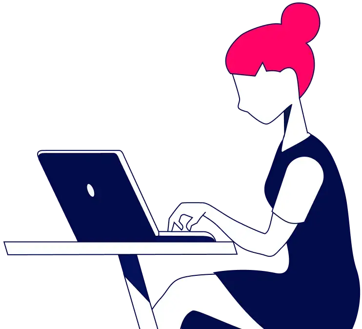 Colorful graphic of a woman sitting at a laptop