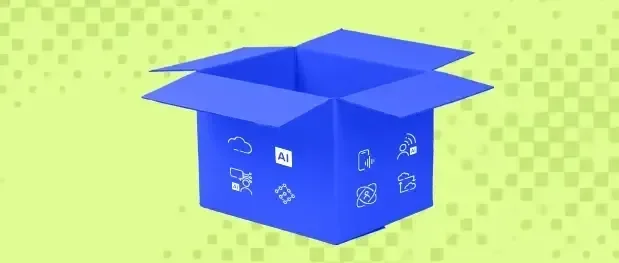 Open blue cardboard box with various icons on the sides, set against a light green background.