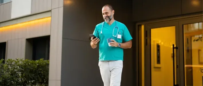 Healthcare worker in scrubs walking outside a building, checking a phone.