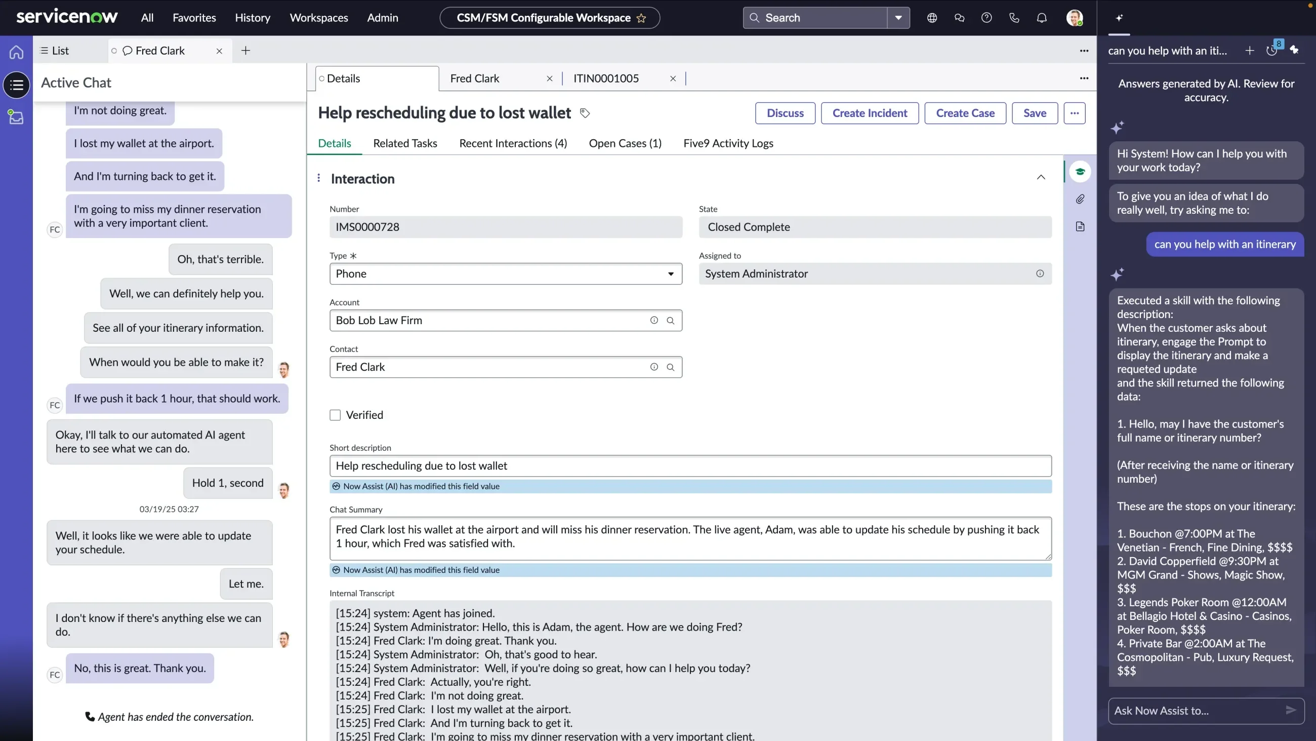 ServiceNow - call summary
