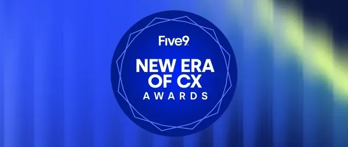 Blue gradient background with a circular logo featuring "Five9 New Era of CX Awards."