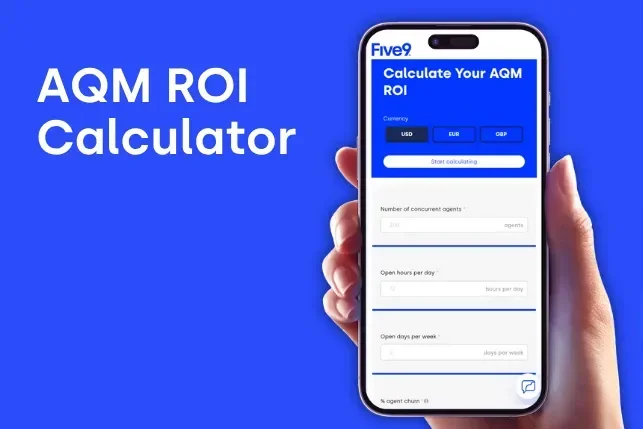 A person holding a smartphone displaying an AQM ROI calculator on a blue background.