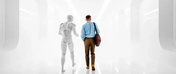 A man in a blue shirt and brown pants walks beside a translucent robotic figure in a minimalist hallway.