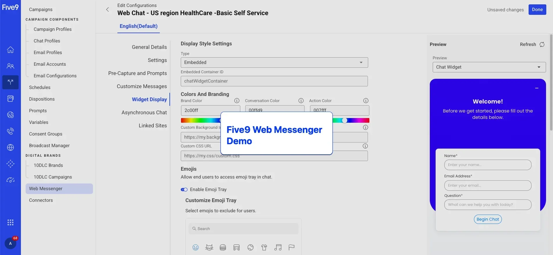 User interface for settings with colorful options on the left and a welcome form on the right.