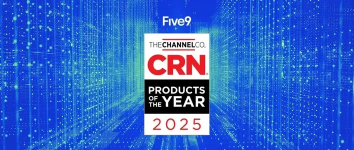 Five9 logo over a blue background with "CRN Products of the Year 2025" award text.