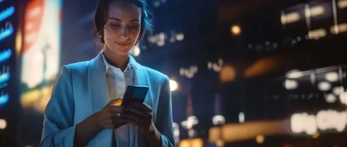 A woman in a light blue blazer looks at her phone, illuminated by city lights at night.