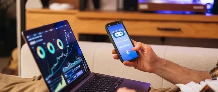 A person using a smartphone while viewing data on a laptop screen at home.