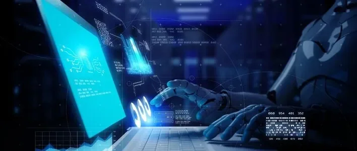 A robotic hand interacts with a glowing touchscreen interface in a dark, futuristic setting. Machine to machine interactions