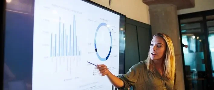 A person pointing at a digital presentation with charts in a modern office setting.