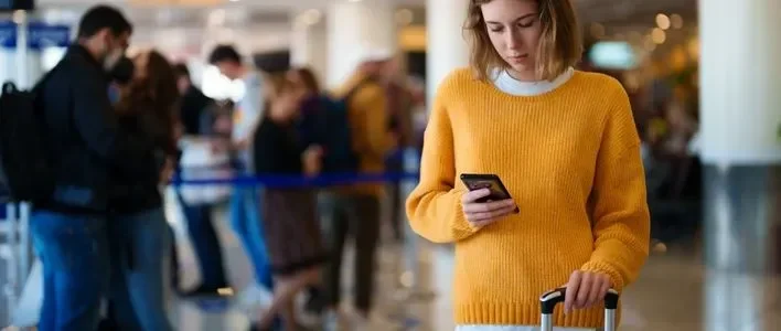 A woman in a yellow sweater checks her phone while standing near a luggage cart in an airport.