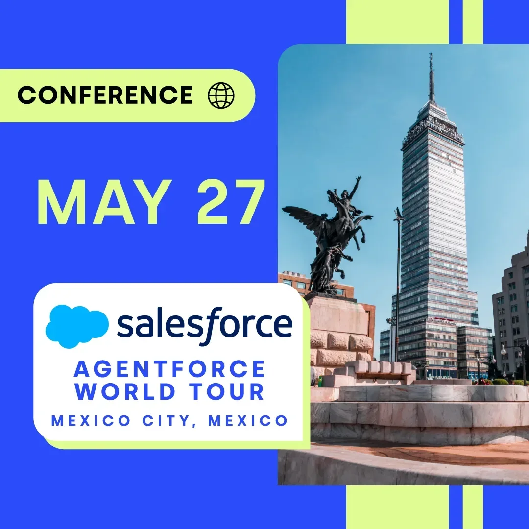 Skyline of Mexico City featuring a tall building and statue, with event details.