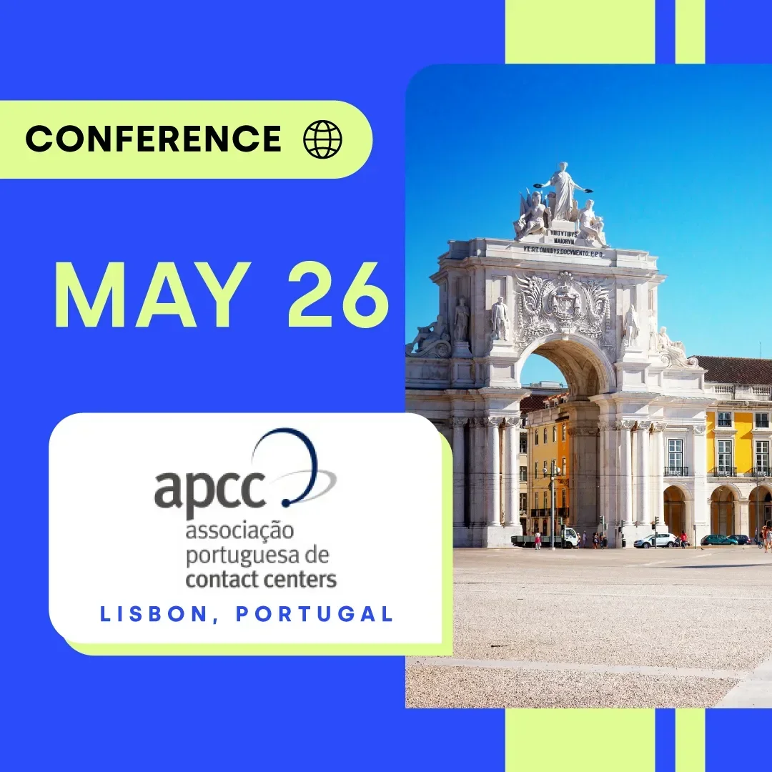 Bright graphic featuring a historic arch in Lisbon, details of a conference on May 26.