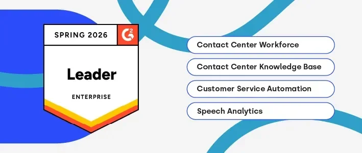 Award badge labeled "Leader" with categories for customer service tools and a blue background.