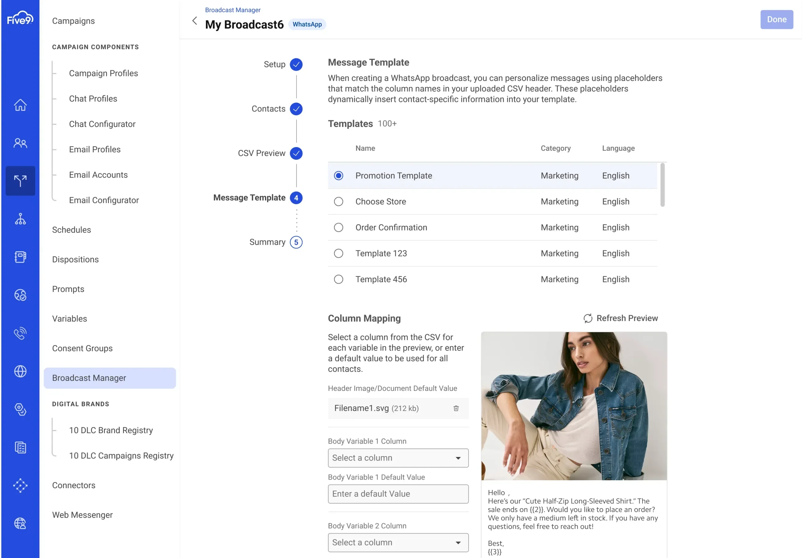 User interface design displaying message template settings and a profile photo of a woman.