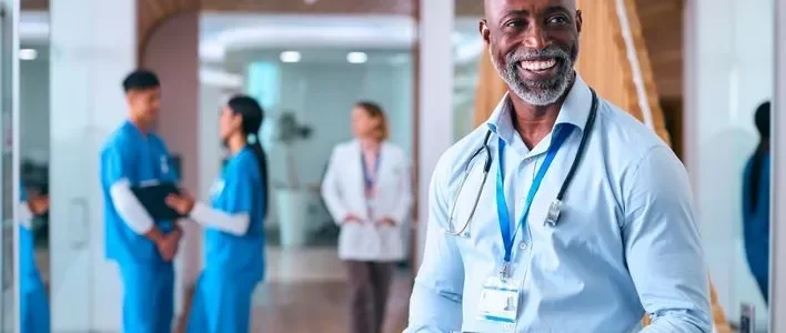 Smiling Black male doctor with a stethoscope in a modern healthcare setting.