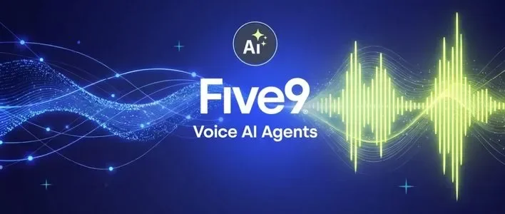 Five9 Voice AI Agents text over a visualization of human and ai interactions