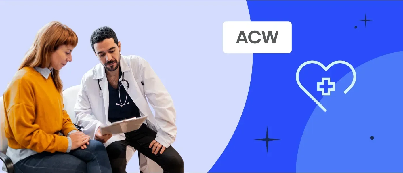A patient meeting with a doctor on a blue background with iconography.