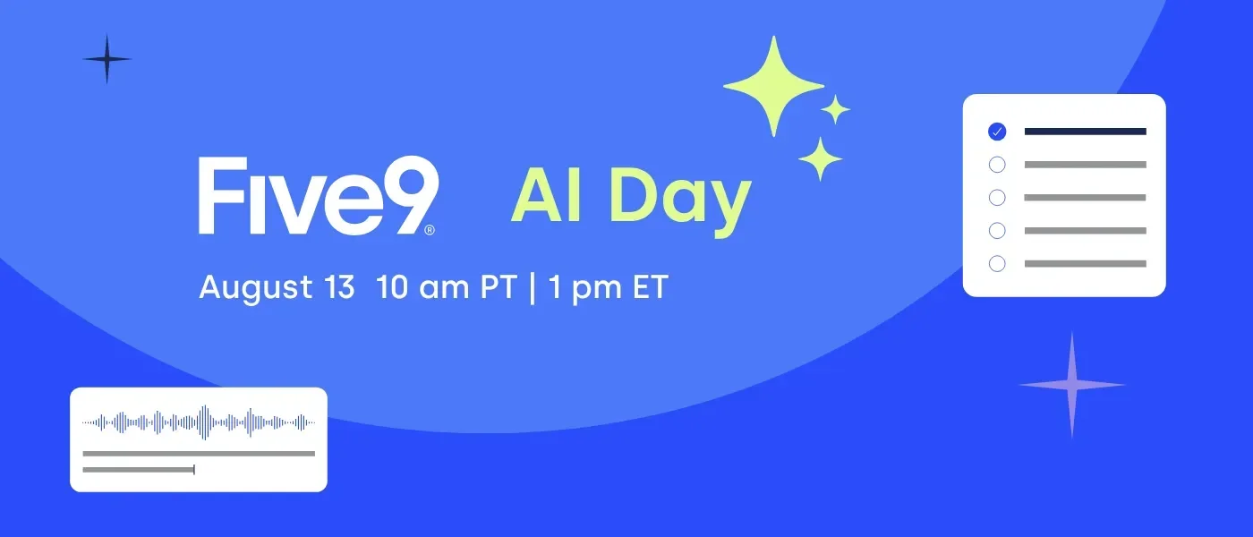Graphic announcing Five9 AI Day on August 15 at 10 am PT / 1 pm ET, with decorative elements.