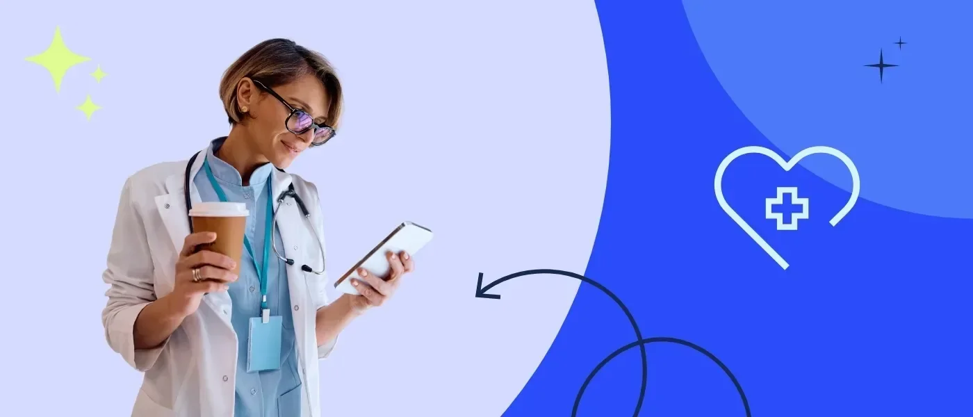 Woman healthcare nurse holding coffee and smiling at a cell phone on a blue background