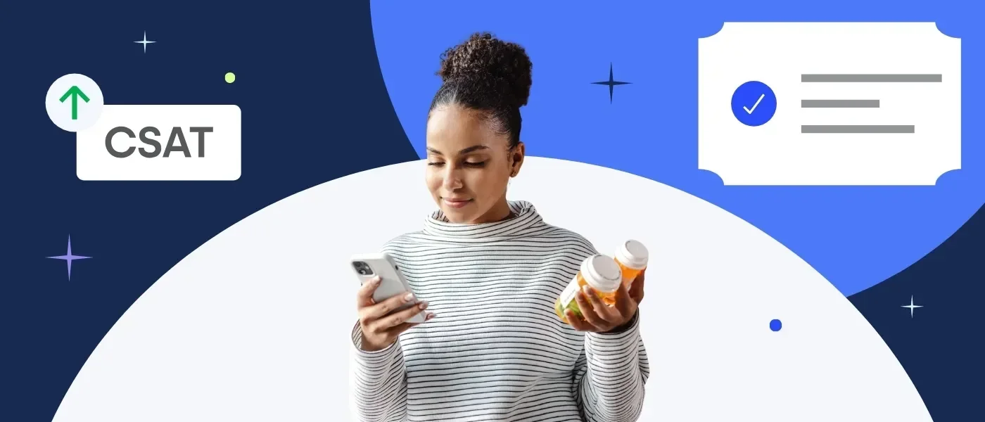 A woman holding two bottles and checking her phone, smiling in a modern graphic background.