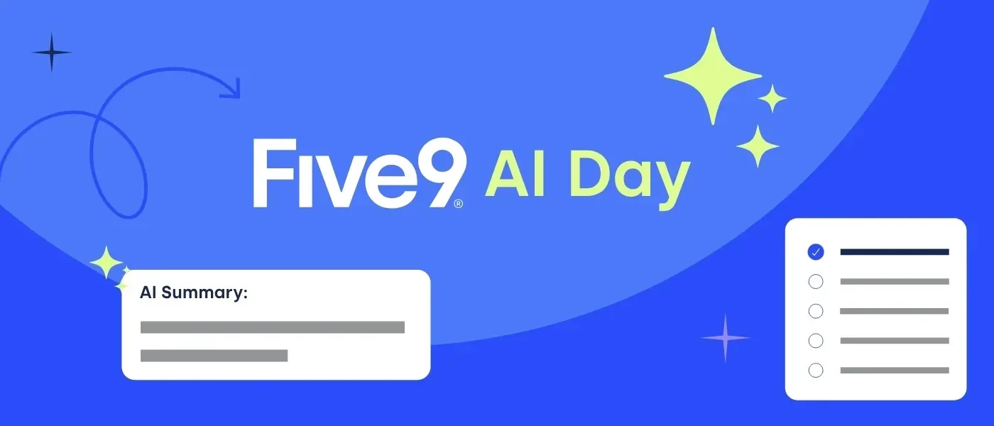 Blue background with text "Five9 AI Day," star and swirl graphics enhance the design.