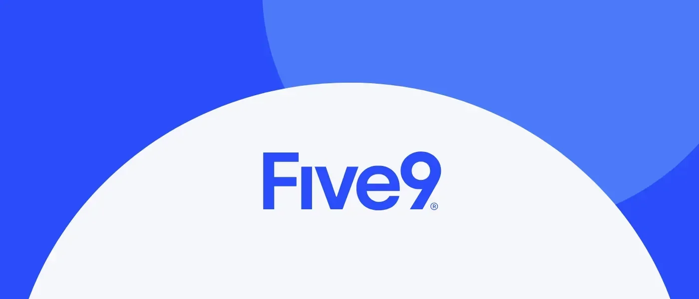 Blue and white logo for Five9 with curved background shapes.