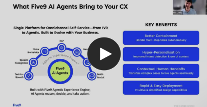 Graphic depicting Five9 AI agents with a central logo and key benefits listed on the right.