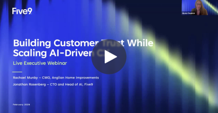 Webinar slide with title, "Building Customer Trust While Scaling AI-Driven Care" and video play button.