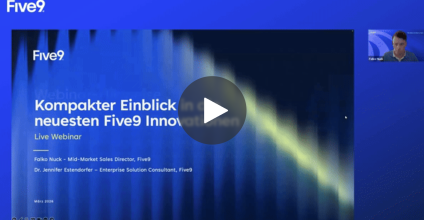 Webinar slide for Five9 showcasing a speaker and video play button on a blue background.