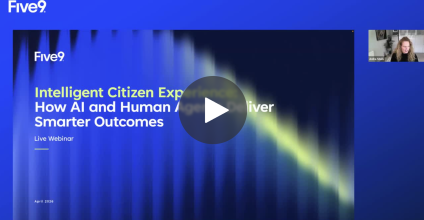 Title slide for Five9 presentation on AI and human collaboration for better outcomes, with a video play button.