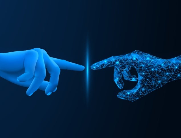 a human hand and AI had touching