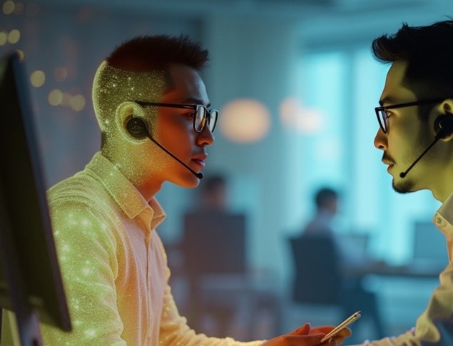 Two men wearing headsets engage in a focused conversation in a dimly lit office.