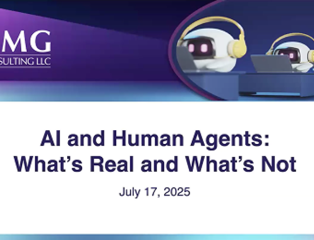 Presentation slide titled "AI and Human Agents: What's Real and What's Not" with a date.