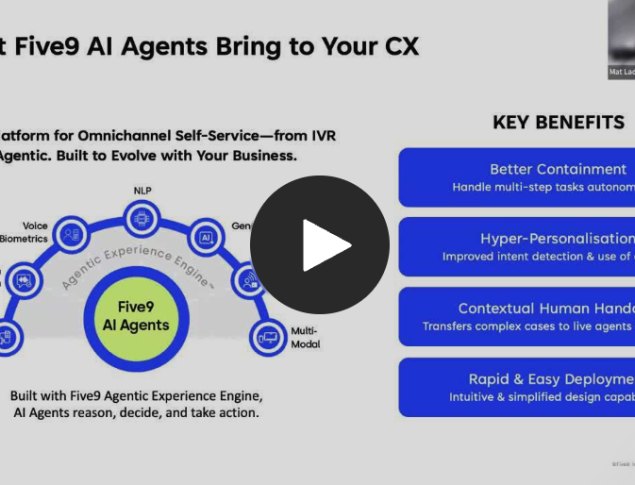Graphic depicting Five9 AI agents with a central logo and key benefits listed on the right.